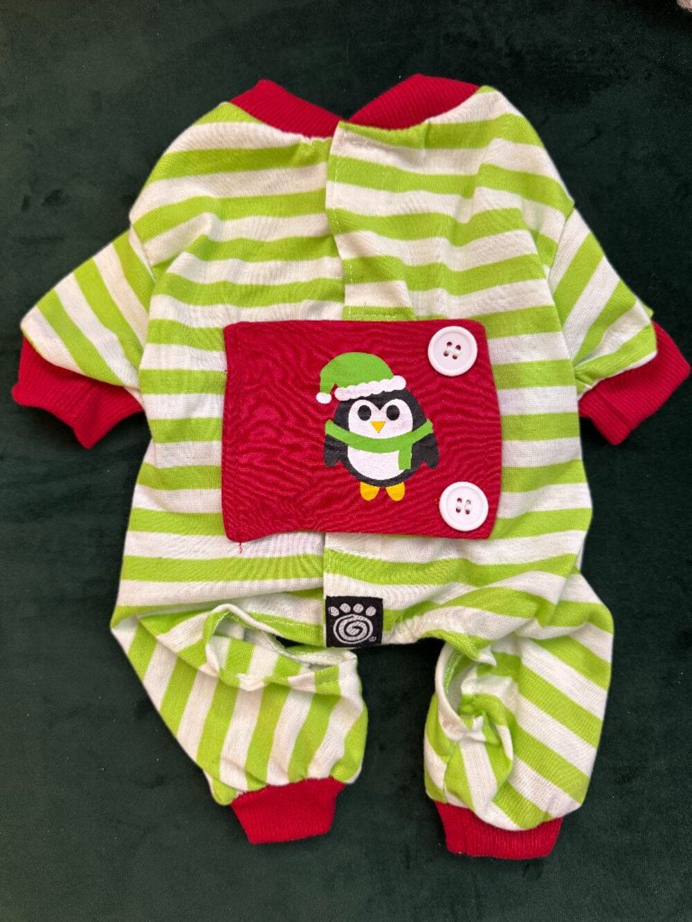 Adorable Green and White Striped XS Xmas Penguin Dog Pajama Onesie